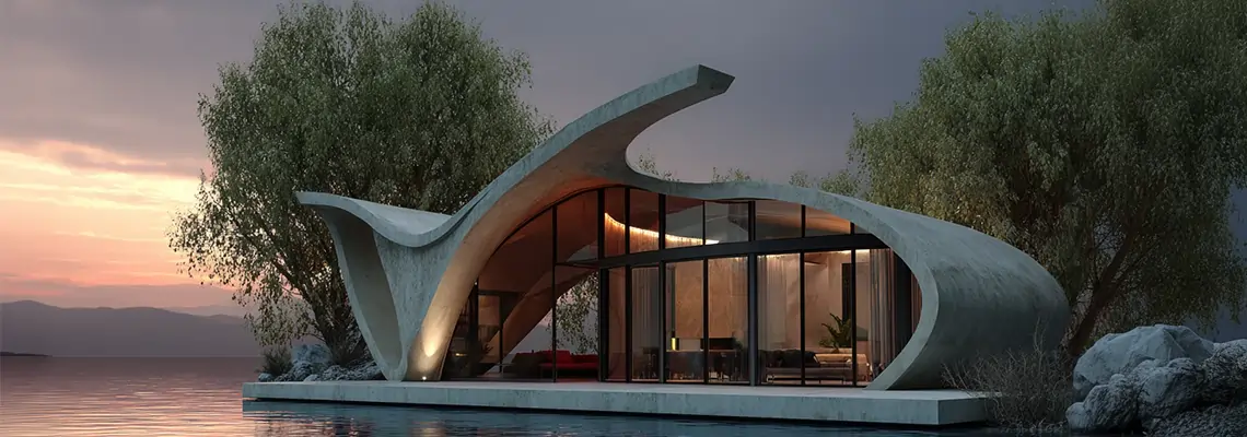 ویلای مدرن با معماری ارگانیک کنار دریاچه در غروب آفتاب