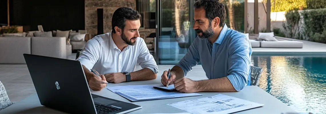 جلسه مشاوره بین معماران برای طراحی و اجرای ویلا | بررسی نقشه‌های ساختمانی در کنار استخر ویلا لوکس
