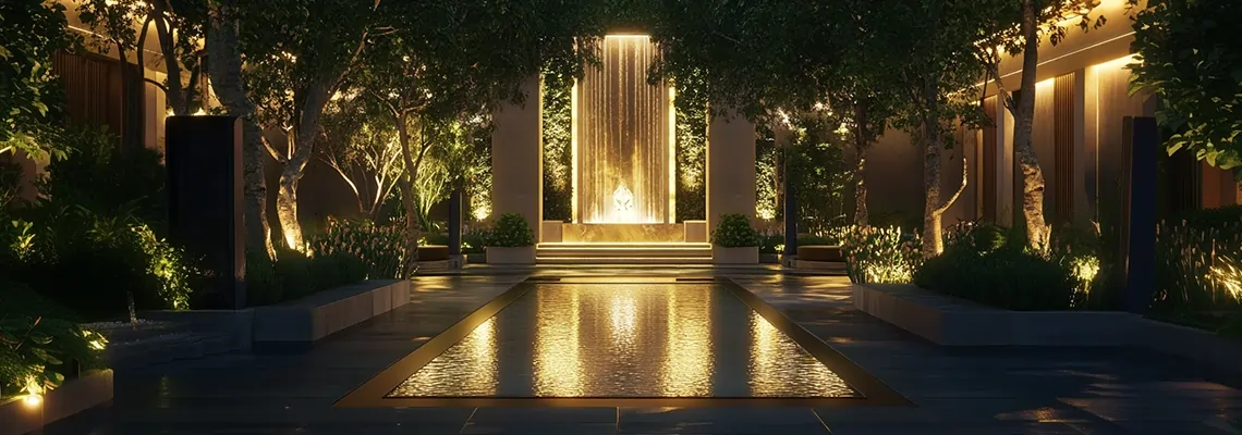 حیاط مرکزی لوکس با آب‌نمای مدرن و نورپردازی طلایی در فضای سبز درخشان، مناسب ویلاهای خاص و مجلل