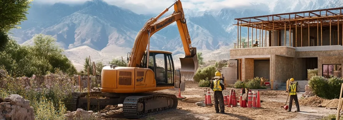 عملیات خاک‌برداری ویلا در طبیعت کوهستانی شمال با استفاده از بیل مکانیکی و مهندسان ایمنی