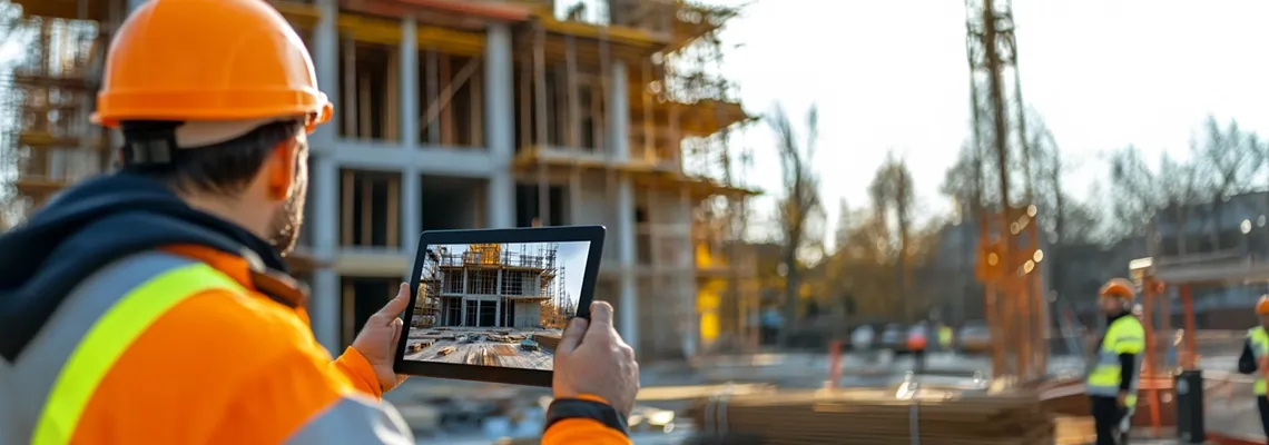 کنترل مراحل ساخت ویلا با تبلت در کارگاه ساختمانی – مهندس ناظر در حال ارزیابی وضعیت پیشرفت پروژه