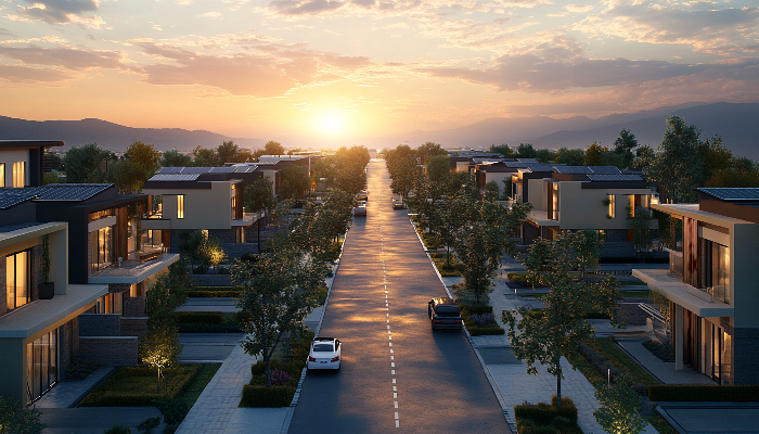 شهرک ویلایی هوشمند در حال ساخت با سازه سبک و منظره هوایی در غروب